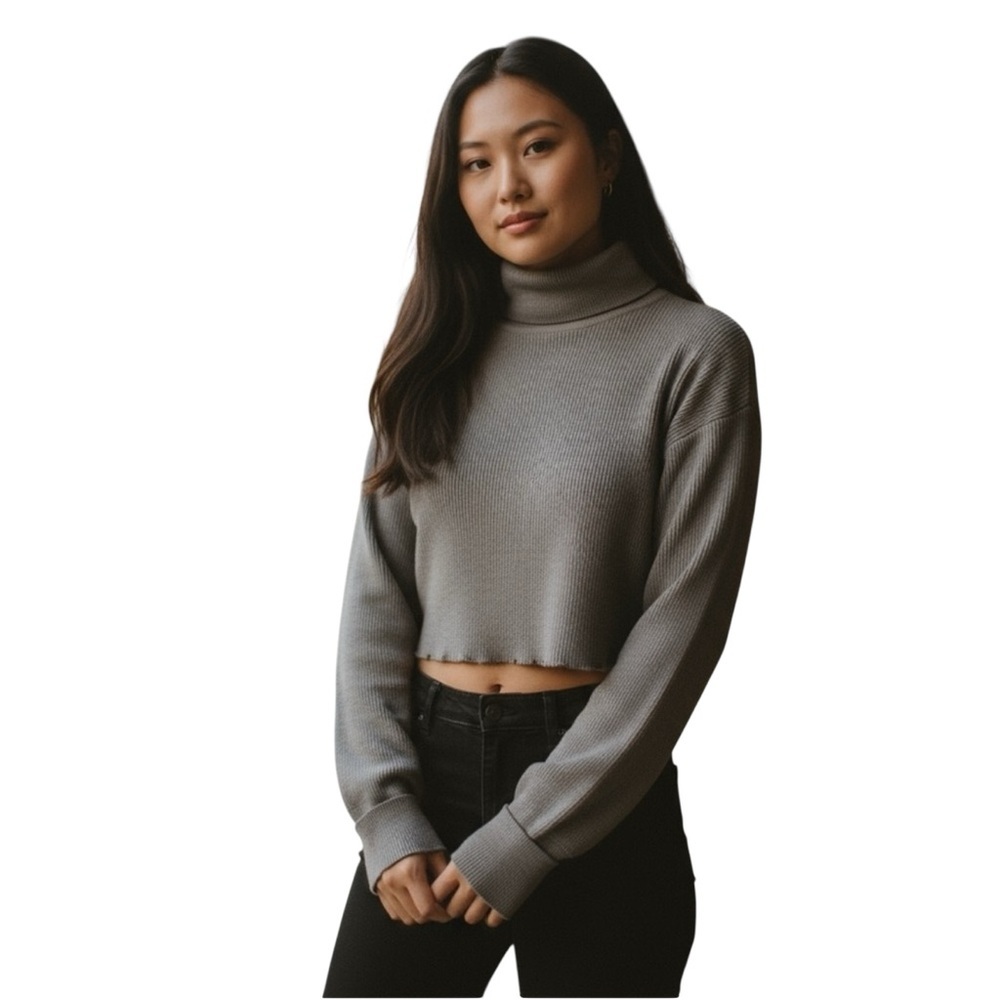 Wilfred washed green Cowl Neck Sweater, cropped, roll up sleeves, wool, sz S